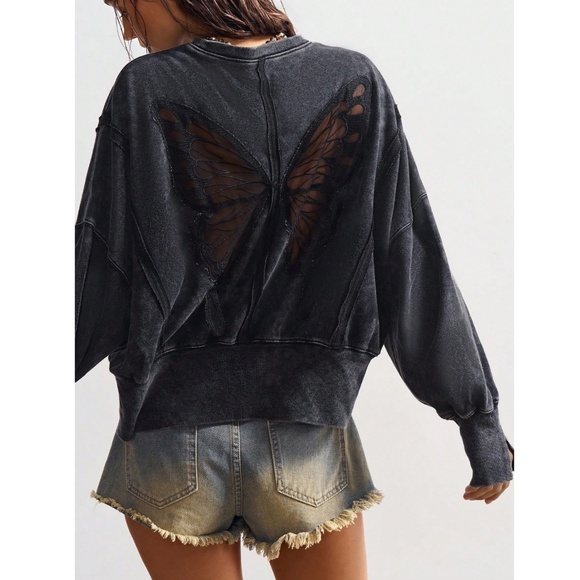 Cotton Black Butterfly Mesh Sheer Back Insert Sweatshirt - Picture 6 of 8